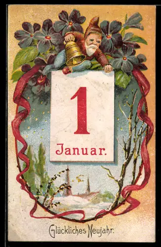 AK auf einem Kalenderblatt sitzender Zwerg läutet eine Glocke, Neujahrsgruss