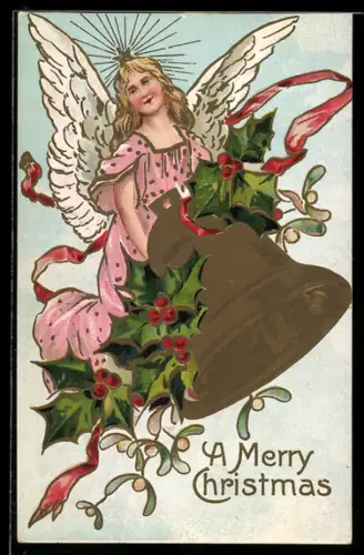 Präge-AK Weihnachtsengel mit Glocke und Stechpalmenzweigen