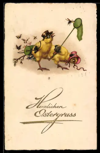 AK Osterküken mit Hut und Brille