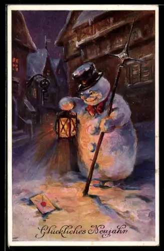 AK Schneemann mit Laterne und Stangenwaffe auf einer verschneiten Strasse