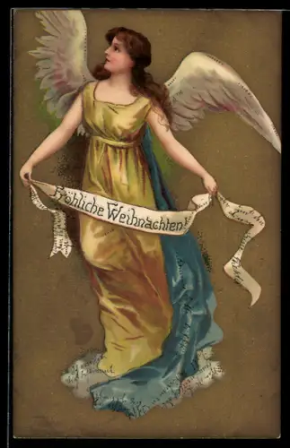 AK Fröhliche Weihnachten, Weihnachtsengel hält Banner in den Händen