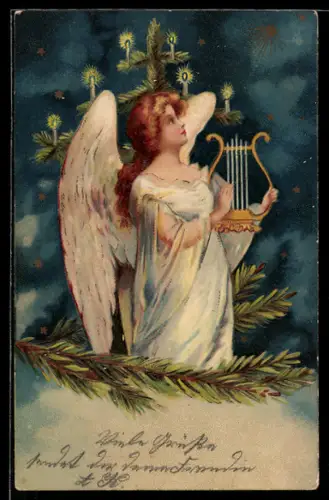 Lithographie Weihnachtsengel mit Harfe