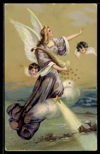 AK Weihnachtsengel mit Füllhorn und Englein auf einer Wolke, Weihnachtsgruss