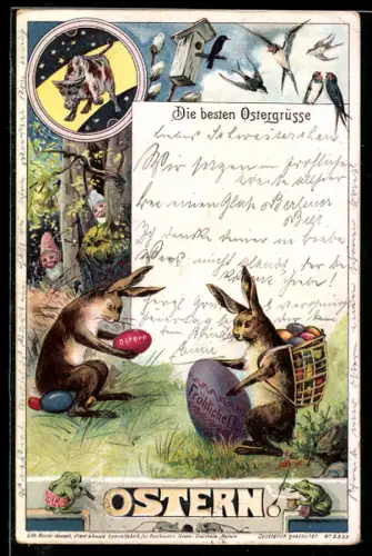 AK Osterhasen bemalen Eier, Zwerge und Frösche