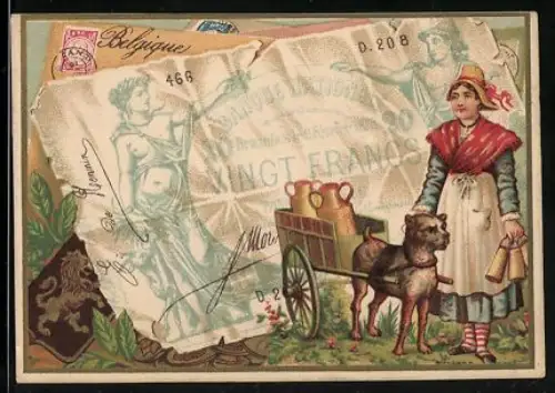 Sammelbild Belgischer Geldschein 20 Franken, Dame mit Hundekarren