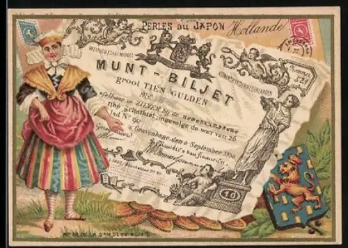 Sammelbild Geldschein 10 Gulden, Wappen, Dame in Tracht, Perles du Japon