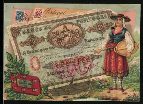 Sammelbild Portugiesischer Geldschein 10 Reise, Dame in Tracht