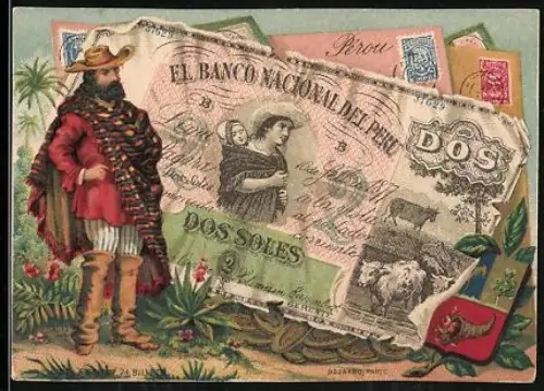 Sammelbild Geldschein Peru 10 Soles, Mann in Tracht, Wappen