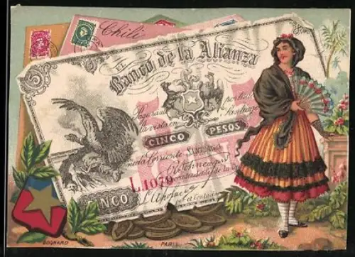 Sammelbild Geldschein Chile, 5 Pesos, Dame in Tracht