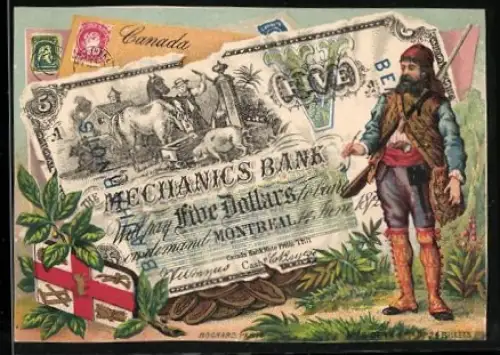 Sammelbild Kanadischer Geldschein 5 Dollar, Mann in Tracht, Wappen