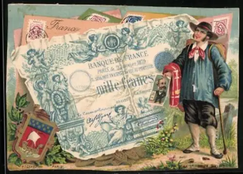 Sammelbild Französischer Geldschein, Wappen, Mann mit Bild