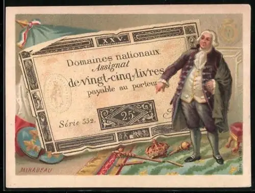 Sammelbild Mann mit Geldschein 25 Livres, Krone und Zepter