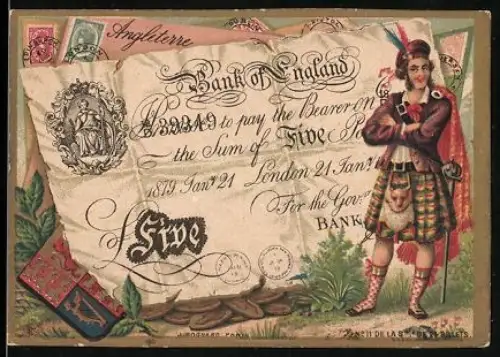 Sammelbild Britischer Geldschein 5 Pfund, Schotte in Tracht