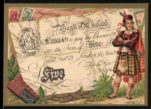 Sammelbild Britischer Geldschein 5 Pounds, Schotte in Tracht, Wappen
