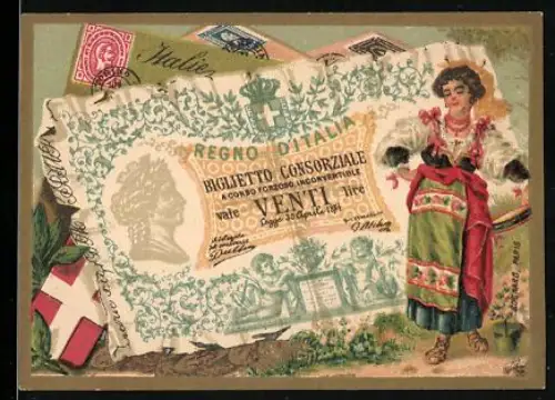Sammelbild Italienischer Geldschein 20 Lire, Dame in Tracht, Wappen