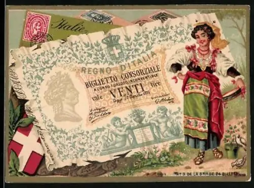 Sammelbild Italienischer Geldschein 20 Lire, Wappen, Dame in Tracht