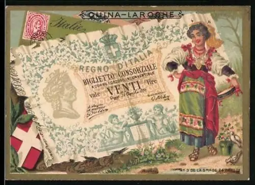 Sammelbild Italienischer Geldschein mit Wappen, Dame in Tracht