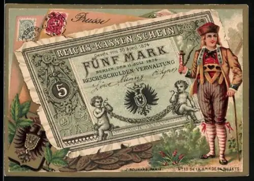 Sammelbild Preussischer Geldschein 5 Mark, Mann in Tracht