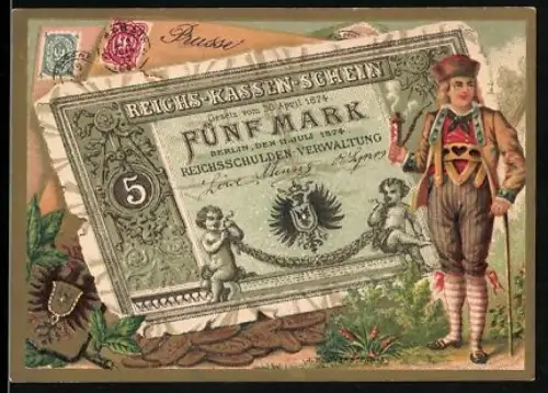 Sammelbild Preussischer Geldschein 5 Mark, Wappen, Mann in Tracht