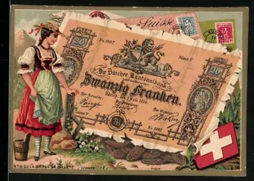 Sammelbild Schweizer Geldschein 20 Franken, Wappen, Dame in Tracht