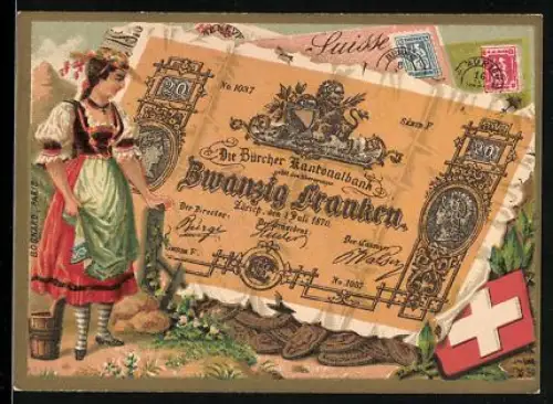 Sammelbild Schweizer Geldschein 20 Franken, Dame in Tracht, Wappen