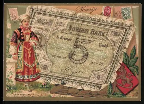 Sammelbild Norwegischer Geldschein 5 Guld, Dame in Tracht