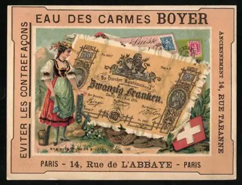 Sammelbild Schweizer Geldschein 20 Franken, Dame in Tracht, Eau des Carmes Boyer
