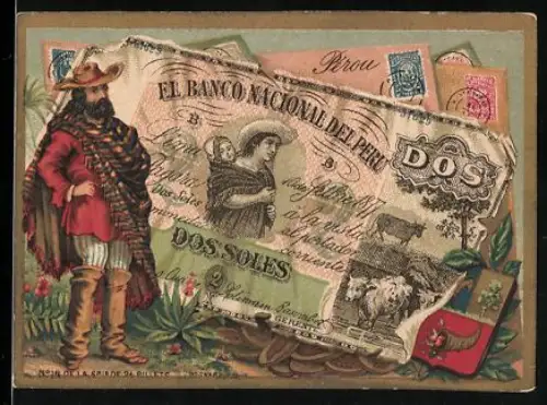 Sammelbild Geldschein Peru 10 Soles, Mann in Tracht