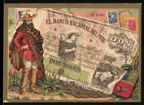 Sammelbild Geldschein Peru 10 Soles, Mann in Tracht, Wappen