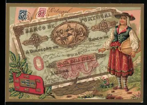 Sammelbild Geldschein Portugal 10 Reis, Dame in Tracht