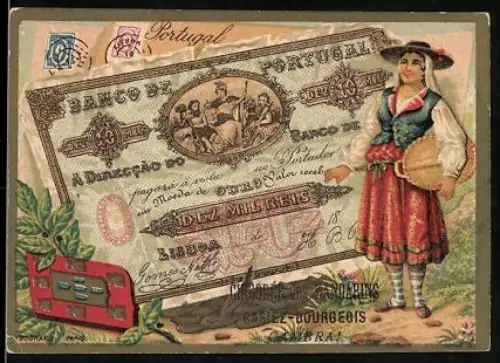 Sammelbild Geldschein Portugal 10 Reis, Dame in Tracht, Wappen