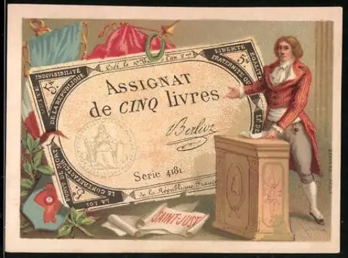 Sammelbild Geldschein 5 Livres, Mann an einem Podest, Flagge