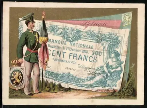 Sammelbild Geldschein 10 Franken, Soldat mit Wappen