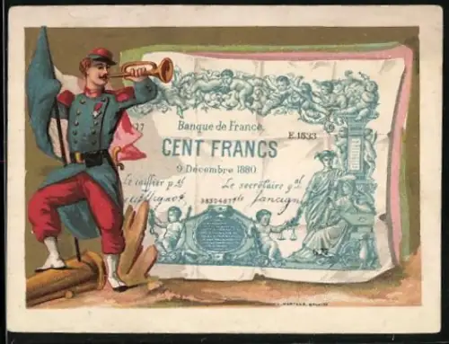 Sammelbild Geldschein 10 Francs, Soldat mit Trompete
