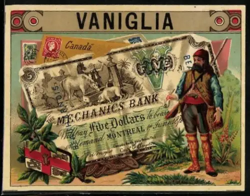 Sammelbild Kanadischer Geldschein 5 Dollar, Mann mit Gewehr, Wappen