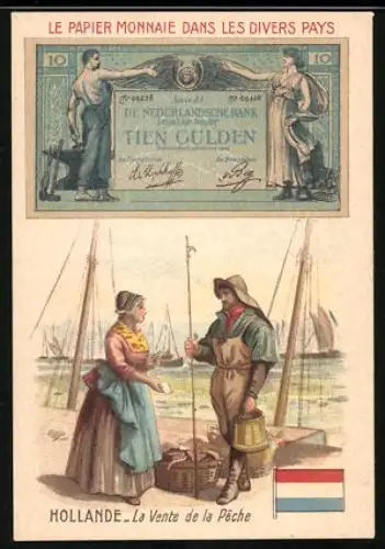 Sammelbild Geldschein 10 Gulden, Dame mit einem Fischer im Hafen