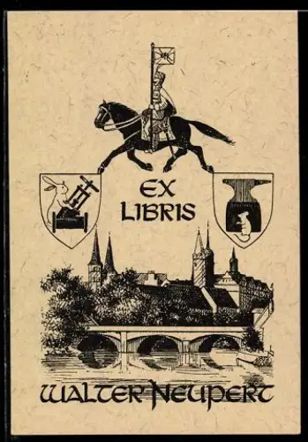 Exlibris Walter Neupert, Reiter und Ortsansicht mit Wappen