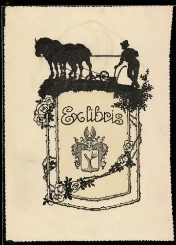 Exlibris Pflügender Bauer mit Pferden und Rosenornamenten und Wappen mit Helm