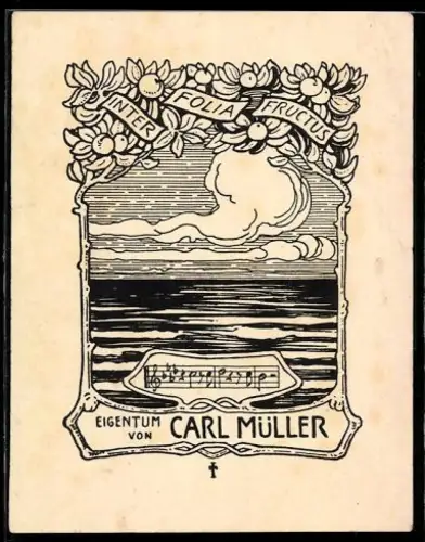 Exlibris Carl Müller, Inter Folia Fructus mit Meereslandschaft und Notenblatt