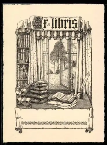 Exlibris Bibliothek mit Ausblick auf Garten, Bücher und Tinte