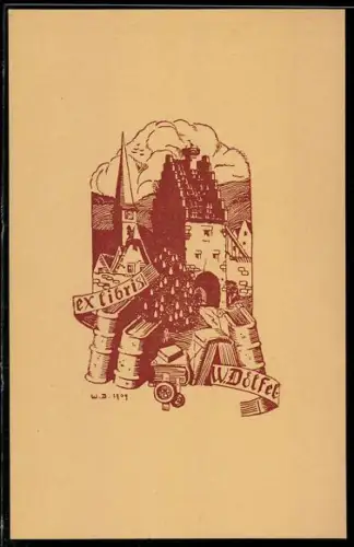 Exlibris W. Dölfel, Burgtor und Bücherstapel