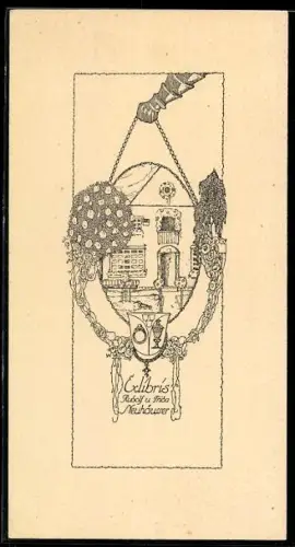 Exlibris Rudolf und Frida Neuhäuser, Haus mit Blumenornamenten