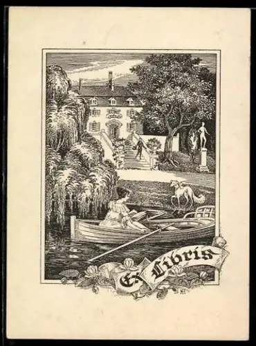 Exlibris mit Bootsszene vor Herrenhaus und Hund im Garten