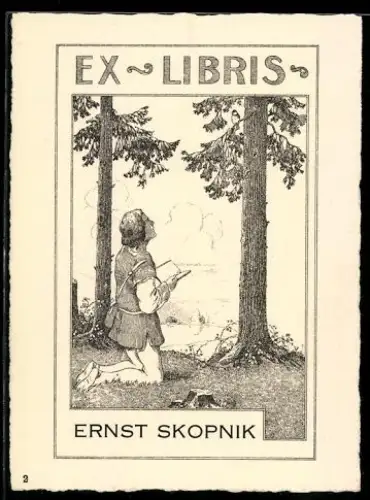 Exlibris Ernst Skopnik, Betender Mann im Wald