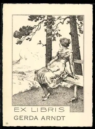 Exlibris Gerda Arndt, Frau auf Bank mit einem Buch in der Hand, Vogel und Landschaft