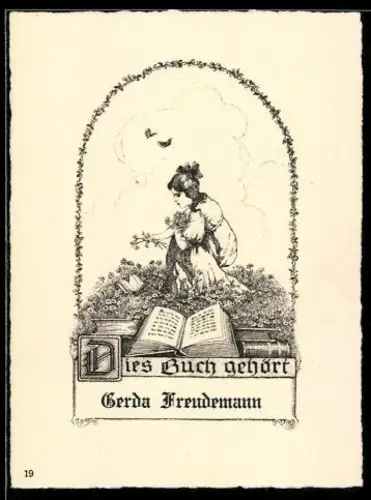 Exlibris Gerda Freudemann, Mädchen im Blumenfeld mit Buch und Schmetterling