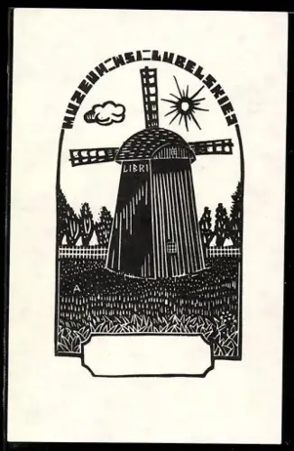 Exlibris Muzeum Ziemi Lubelskiej, Windmühle mit Sonne und Wolken