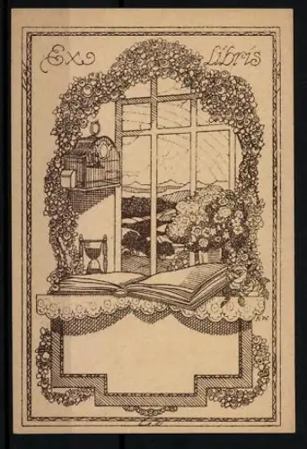 Exlibris Landschaft mit Blumen und Buch am Fenster, Jugendstil