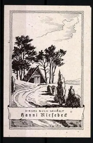 Exlibris Hanni Riesebeck, Landschaft mit Haus und Bäumen