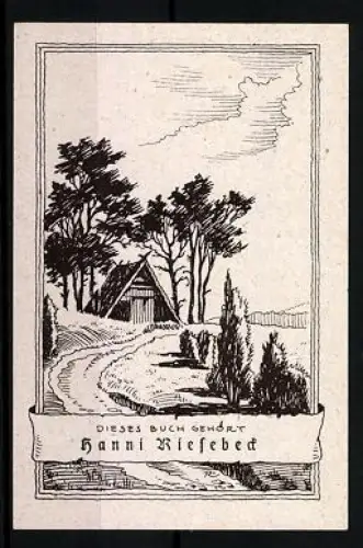 Exlibris Hanni Riesebeck, Landschaft mit Haus und Bäumen